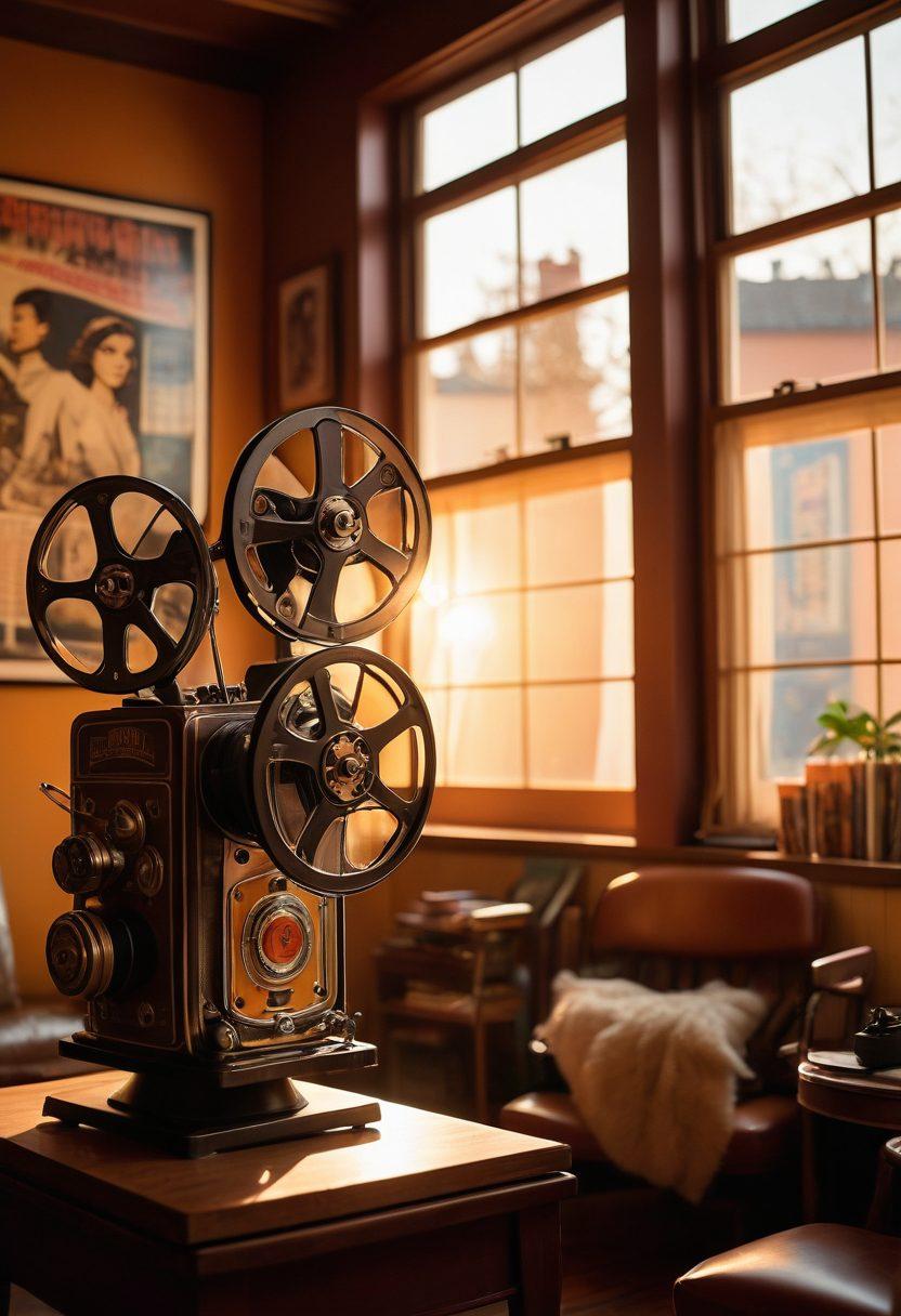 A cinematic scene depicting a diverse group of independent filmmakers brainstorming in a cozy, eclectic workshop filled with storyboards and vintage movie posters. Sunlight filters through large windows, casting a warm glow on their passionate expressions and sketches. In the background, a classic film projector casts reels of film highlighting iconic independent films. A juxtaposition of creativity and nostalgia embodies the essence of storytelling. retro style. warm colors. artistic ambiance.