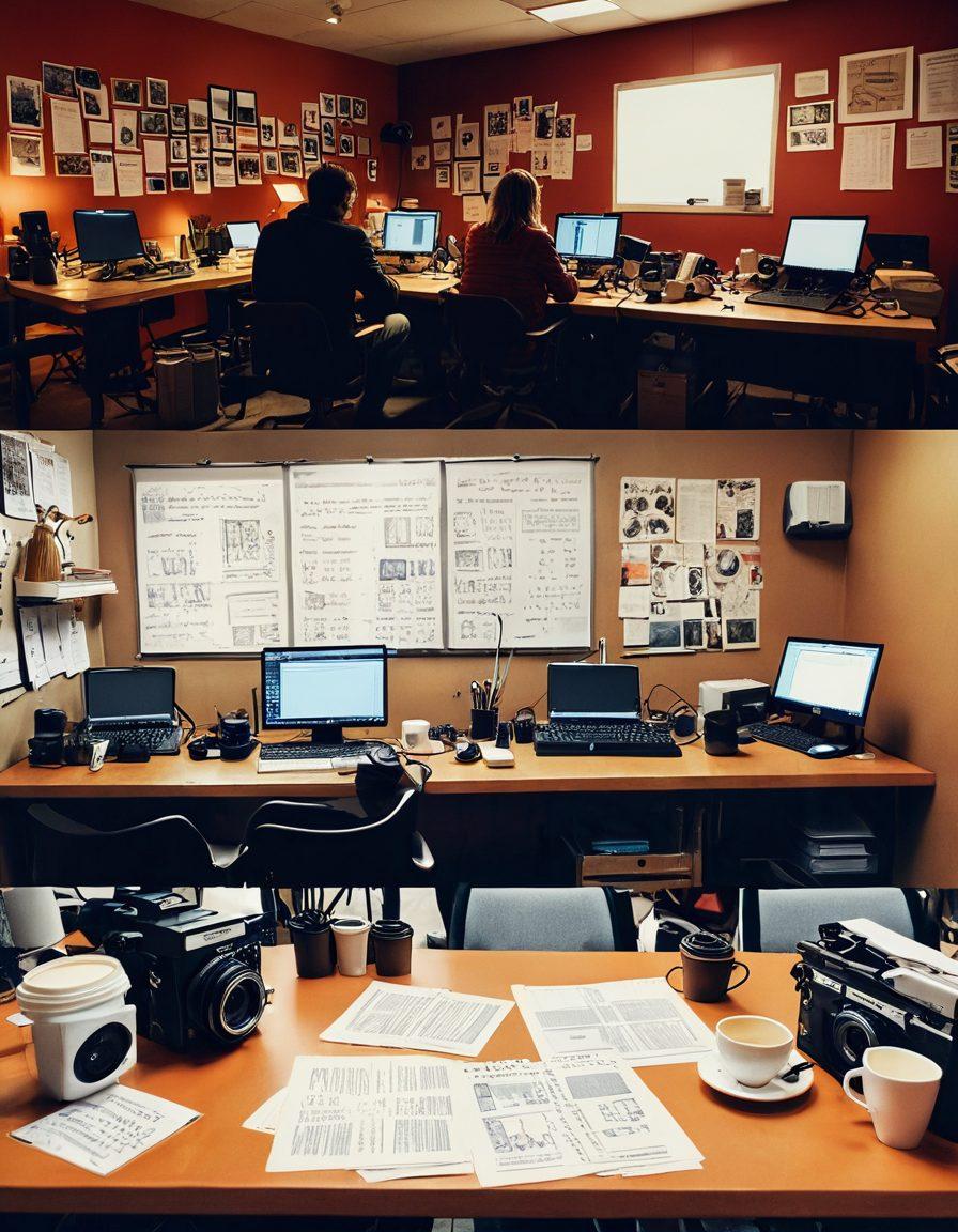 A split scene showcasing the journey of filmmaking, on one side a writer's desk covered in scripts and storyboards, and on the other, a dynamic film set with cameras, lights, and crew in action. In the background, a panoramic view of an indie film festival bustling with people. Use warm, inviting colors to convey a sense of creativity and passion. cinematic style. vibrant colors. super-realistic.
