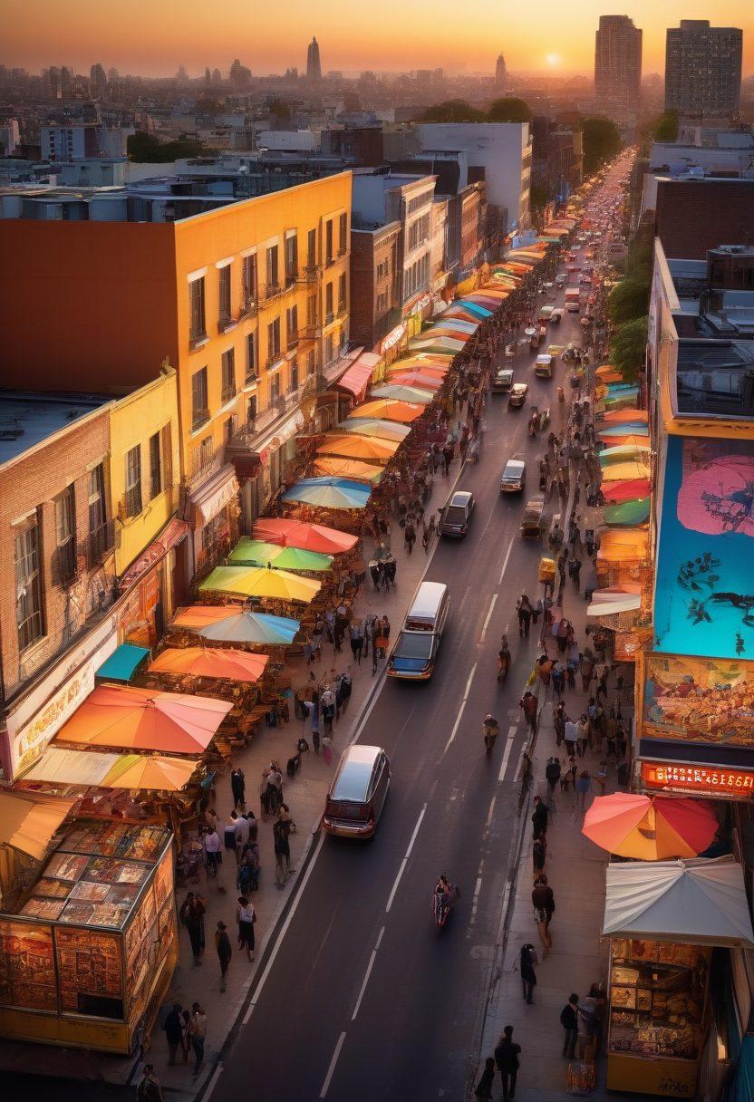 A captivating film reel unwinding through an urban landscape, featuring diverse moviegoers engrossed in watching an indie film on a large outdoor screen. Surrounding them are iconic symbols of various cultures represented through vibrant street art and food stalls. The scene radiates an atmosphere of community and engagement in storytelling, with warm hues of sunset illuminating the entire setting. super-realistic. vibrant colors.